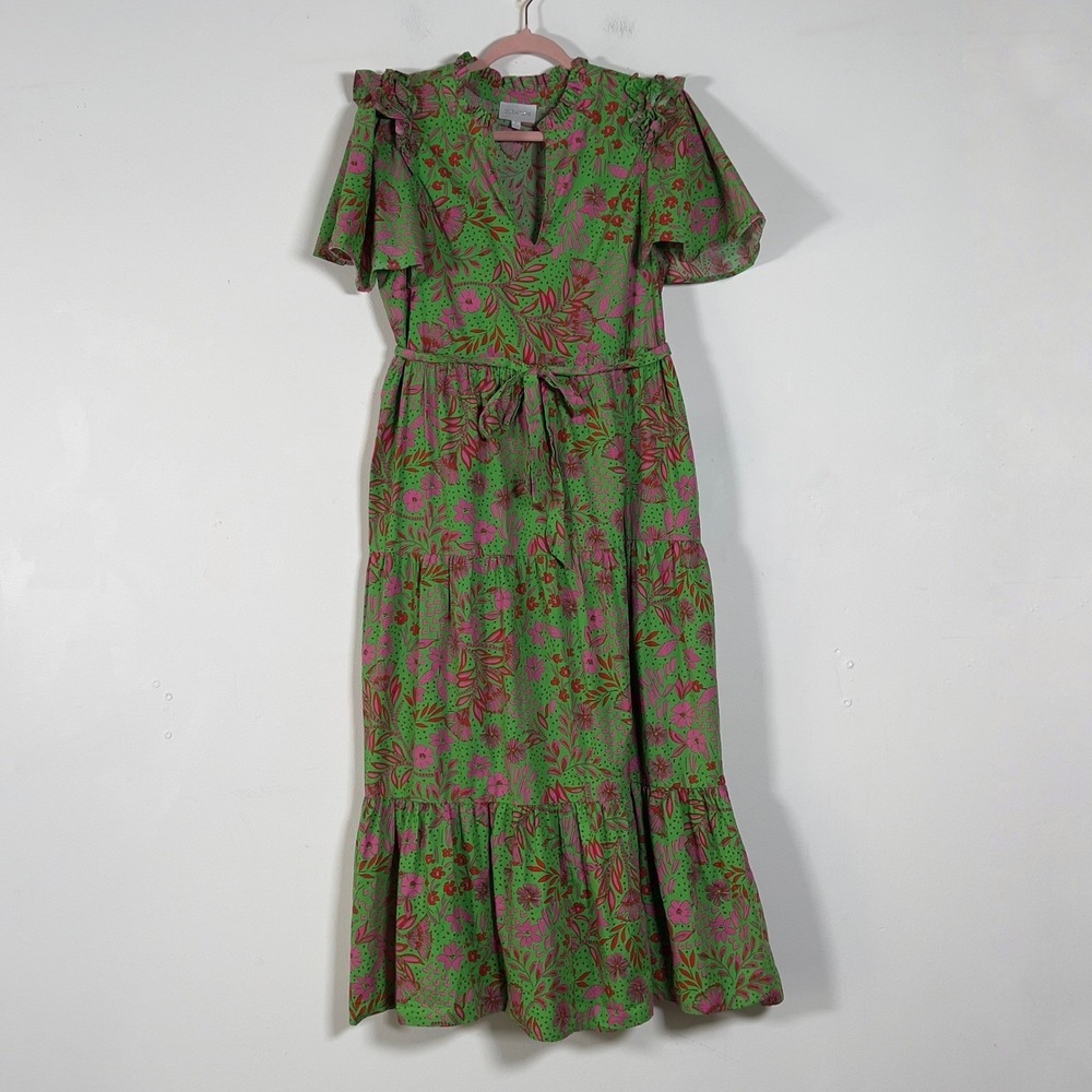 Sugarlips Tiered Midi Dress Sz M Green Pink Floral Ruffle Flutter Sleeve Belted - Picture 3 of 13
